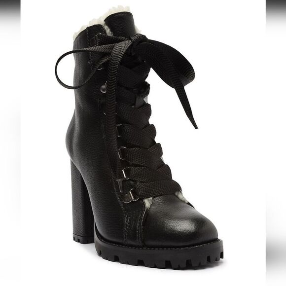 New Schutz Zara fur lined Winter black Leather Ankle Boots high block heels 7 B - Picture 3 of 12